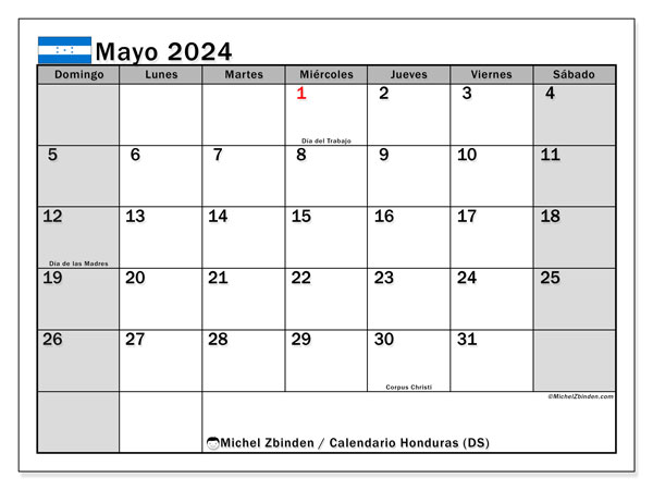 Kalendarz maj 2024, Honduras (ES). Darmowy dziennik do druku.