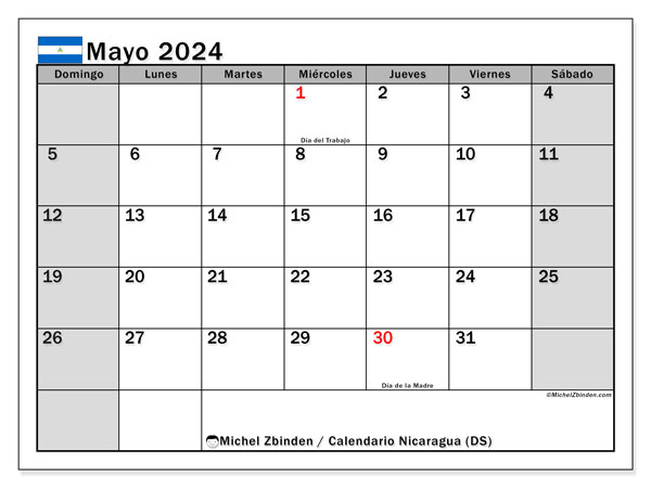 Kalendarz maj 2024, Nikaragua (ES). Darmowy dziennik do druku.