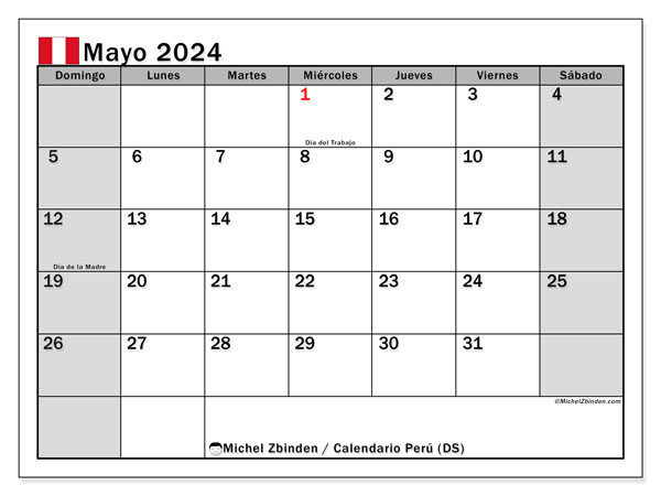 Kalenteri toukokuu 2024, Peru (ES). Ilmainen tulostettava ohjelma.