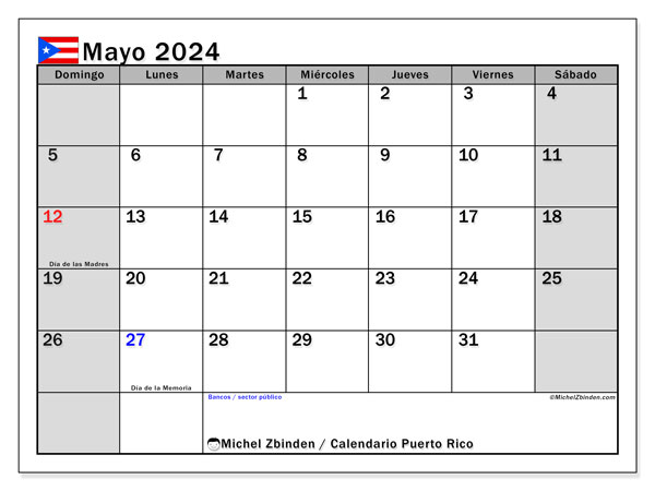 Kalendarz maj 2024, Puerto Rico (ES). Darmowy dziennik do druku.