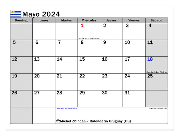 Kalender Mai 2024, Uruguay (ES). Plan zum Ausdrucken kostenlos.