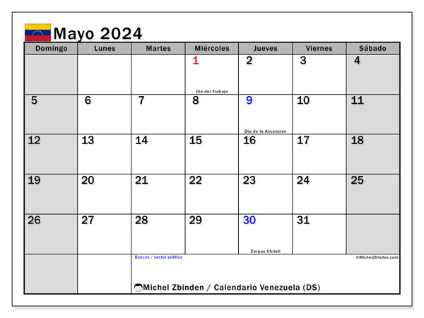 Kalendarz maj 2024, Wenezuela (ES). Darmowy dziennik do druku.
