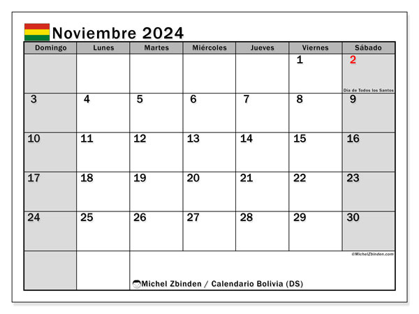 Kalendarz listopad 2024, Boliwia (ES). Darmowy kalendarz do druku.