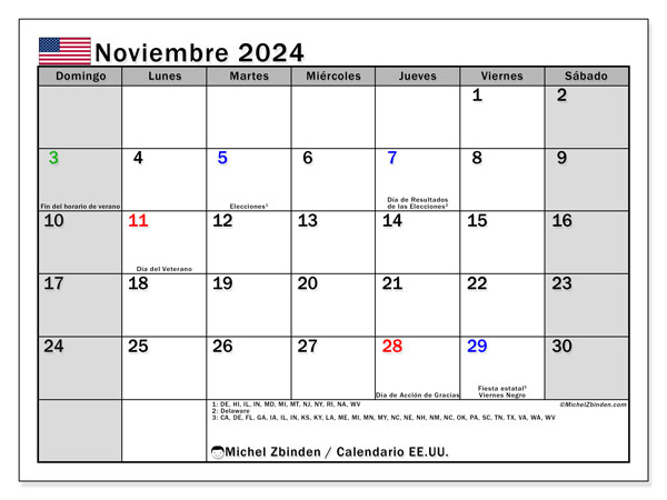 Kalendarz listopad 2024, USA (ES). Darmowy kalendarz do druku.