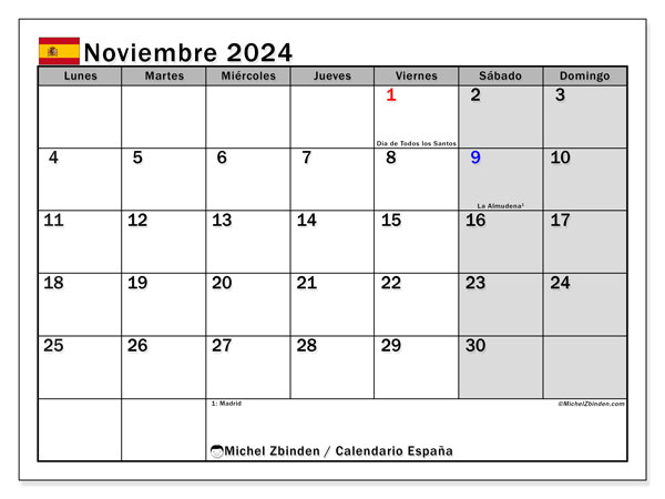 Kalendarz listopad 2024, Hiszpania (ES). Darmowy kalendarz do druku.