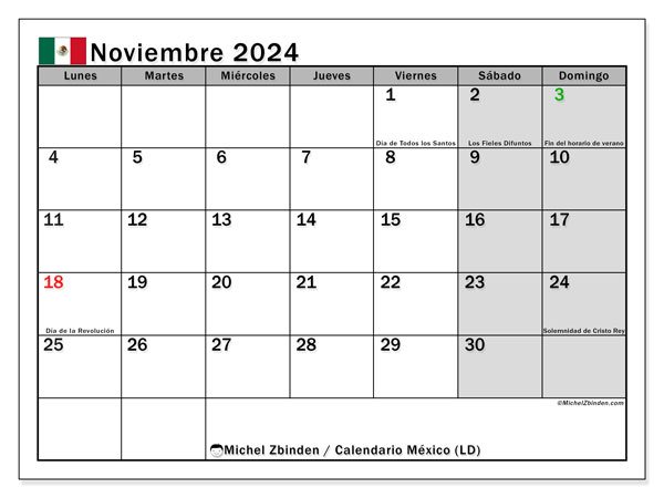 Kalenteri marraskuu 2024, Meksiko (ES). Ilmainen tulostettava aikataulu.