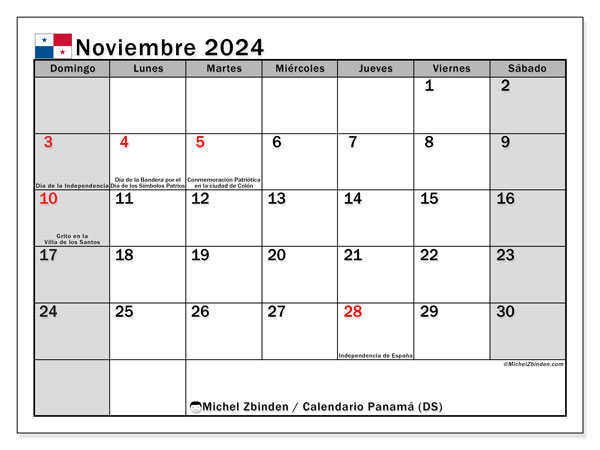 Kalendarz listopad 2024, Panama (ES). Darmowy kalendarz do druku.