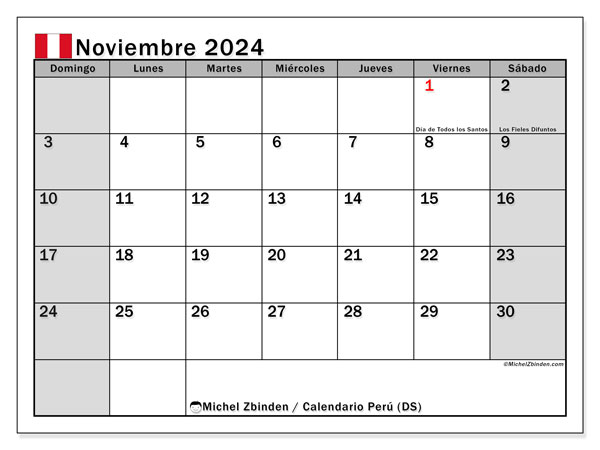 Calendario novembre 2024, Perù (ES). Calendario da stampare gratuito.