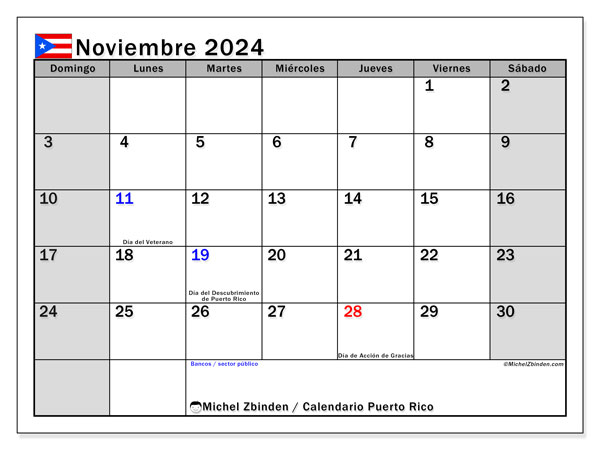 Kalenteri marraskuu 2024, Puerto Rico (ES). Ilmainen tulostettava aikataulu.