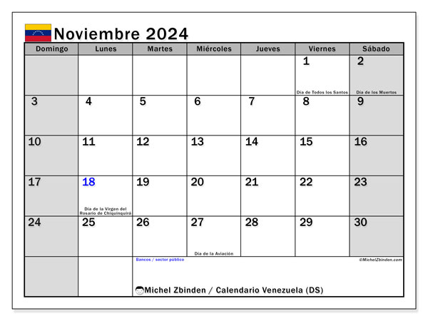Kalendarz listopad 2024, Wenezuela (ES). Darmowy kalendarz do druku.