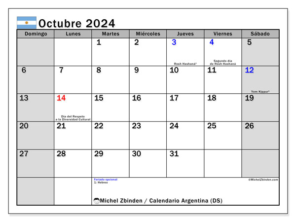 Kalendarz październik 2024, Argentyna (ES). Darmowy terminarz do druku.