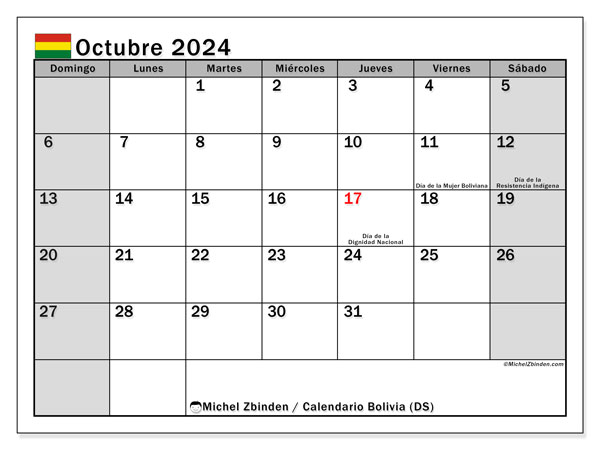 Kalender Oktober 2024, Bolivien (ES). Programm zum Ausdrucken kostenlos.