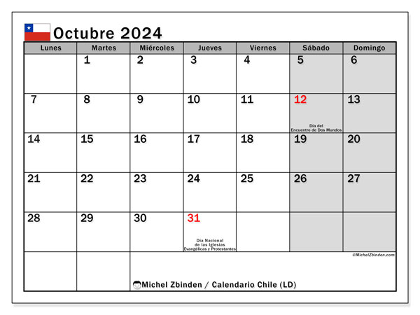 Kalendarz październik 2024, Chile (ES). Darmowy terminarz do druku.