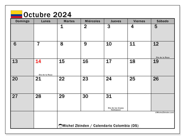 Kalender Oktober 2024, Kolumbien (ES). Programm zum Ausdrucken kostenlos.