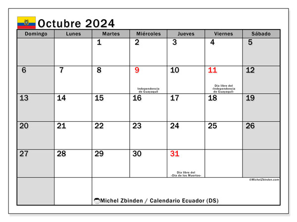 Kalender Oktober 2024, Ecuador (ES). Programm zum Ausdrucken kostenlos.