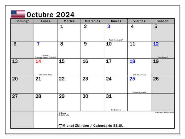 Kalenteri lokakuu 2024, Yhdysvallat (ES). Ilmainen tulostettava aikataulu.
