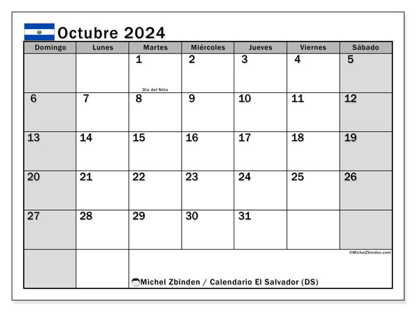 Kalender Oktober 2024, El Salvador (ES). Programm zum Ausdrucken kostenlos.