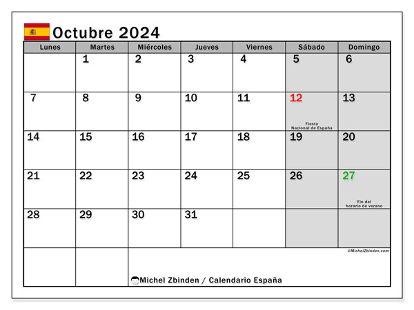 Kalendarz październik 2024, Hiszpania (ES). Darmowy terminarz do druku.