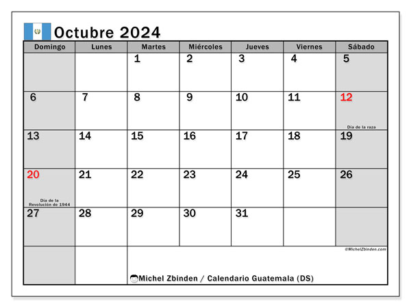 Calendario ottobre 2024, Guatemala (ES). Piano da stampare gratuito.