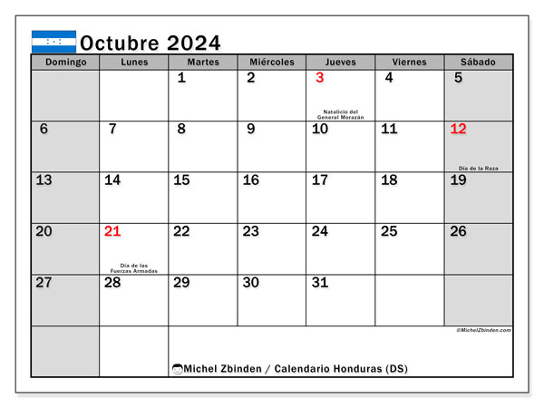 Kalender Oktober 2024, Honduras (ES). Programm zum Ausdrucken kostenlos.