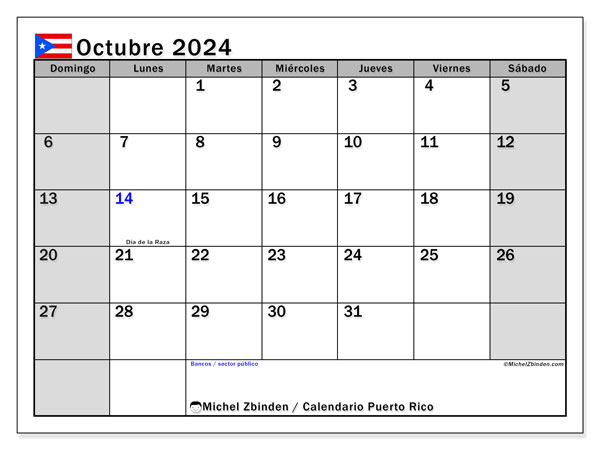 Kalender oktober 2024, Puerto Rico (ES). Gratis plan til print.