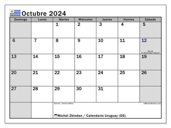 Kalender Oktober 2024, Uruguay (ES). Programm zum Ausdrucken kostenlos.