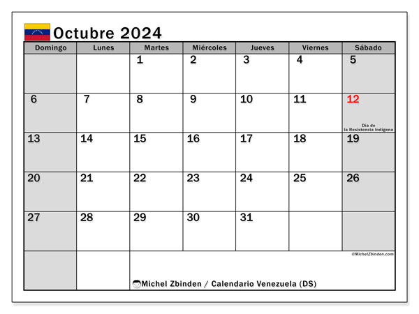 Kalender Oktober 2024, Venezuela (ES). Programm zum Ausdrucken kostenlos.