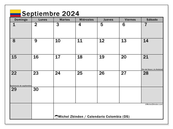 Kalenteri syyskuu 2024, Kolumbia (ES). Ilmainen tulostettava ohjelma.