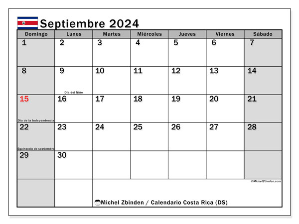 Kalendarz wrzesień 2024, Kostaryka (ES). Darmowy program do druku.