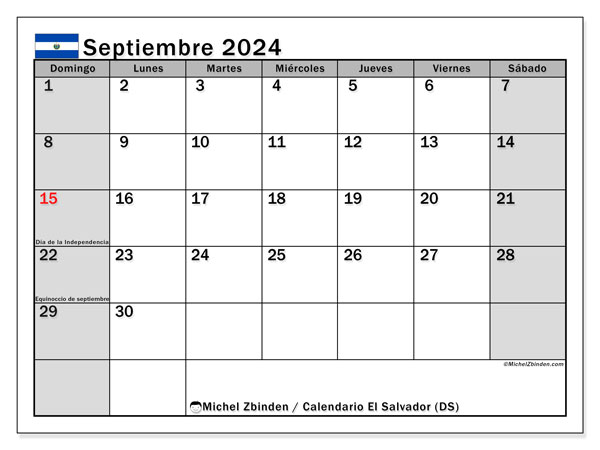 Kalendarz wrzesień 2024, Salwador (ES). Darmowy program do druku.