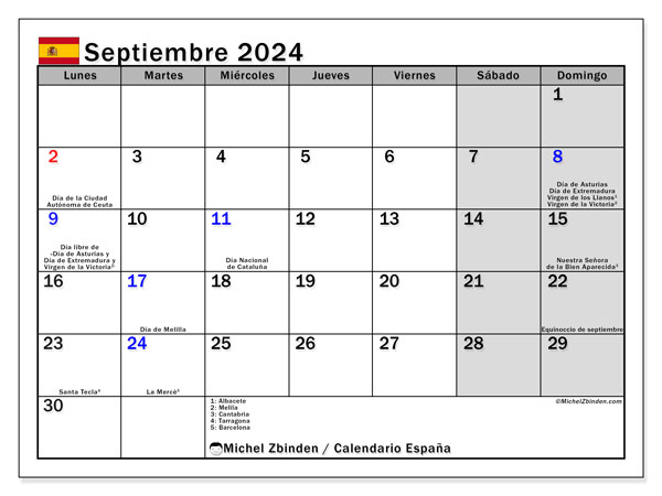 Kalender September 2024, Spanien (ES). Programm zum Ausdrucken kostenlos.