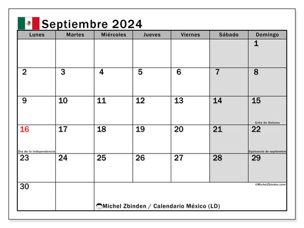Kalender september 2024, Mexiko (ES). Schema för gratis utskrift.