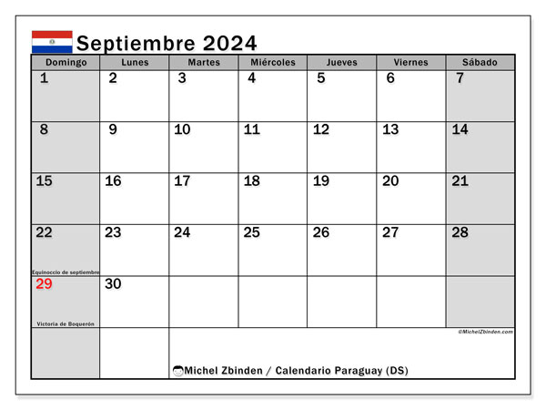 Kalendarz wrzesień 2024, Paragwaj (ES). Darmowy program do druku.