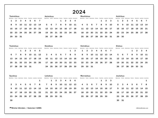 Vuosikalenteri 2024, 32MS. Ilmainen tulostettava kalenteri.