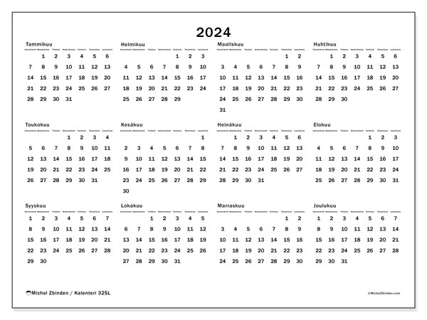 Vuosikalenteri 2024, 32SL. Ilmainen tulostettava kalenteri.