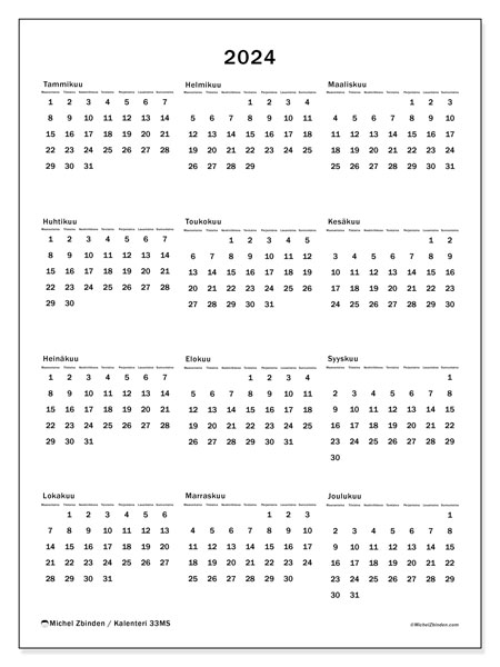 Vuosikalenteri 2024, 33MS. Ilmainen tulostettava kalenteri.