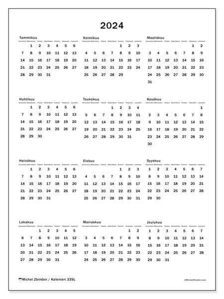 Vuosikalenteri 2024, 33SL. Ilmainen tulostettava kalenteri.