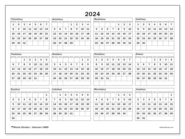 Vuosikalenteri 2024, 34MS. Ilmainen tulostettava kalenteri.