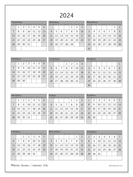 Vuosikalenteri 2024, 37SL. Ilmainen tulostettava kalenteri.