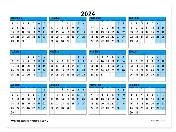 Vuosikalenteri 2024, 39MS. Ilmainen tulostettava kalenteri.