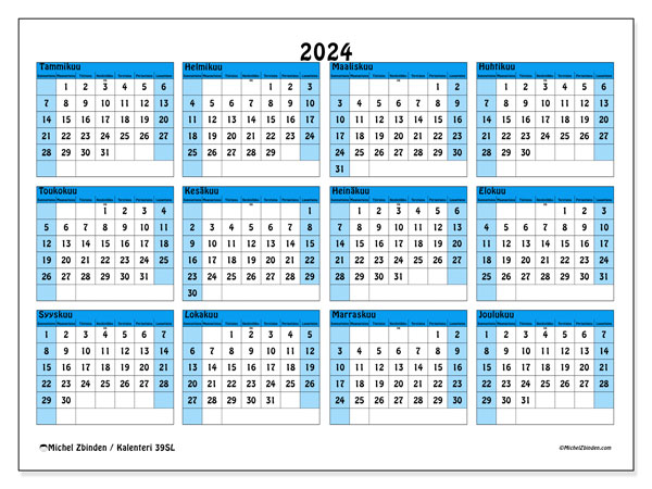 Vuosikalenteri 2024, 39SL. Ilmainen tulostettava kalenteri.