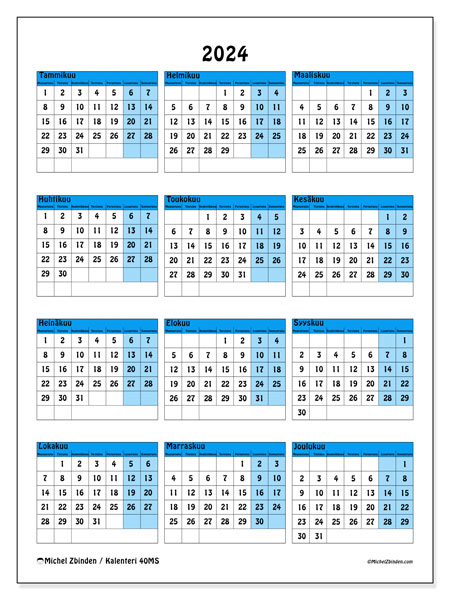Vuosikalenteri 2024, 40MS. Ilmainen tulostettava kalenteri.