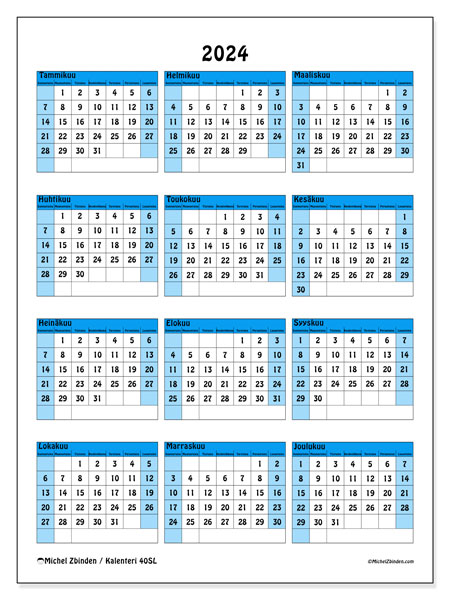 Vuosikalenteri 2024, 40SL. Ilmainen tulostettava kalenteri.