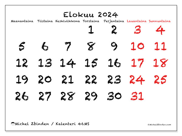 Kalenteri elokuu 2024, 46MS. Ilmainen tulostettava kartta.