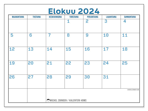 Kalenteri elokuu 2024, 49MS. Ilmainen tulostettava kartta.