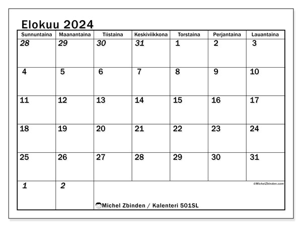 Kalenteri elokuu 2024, 501SL. Ilmainen tulostettava kartta.