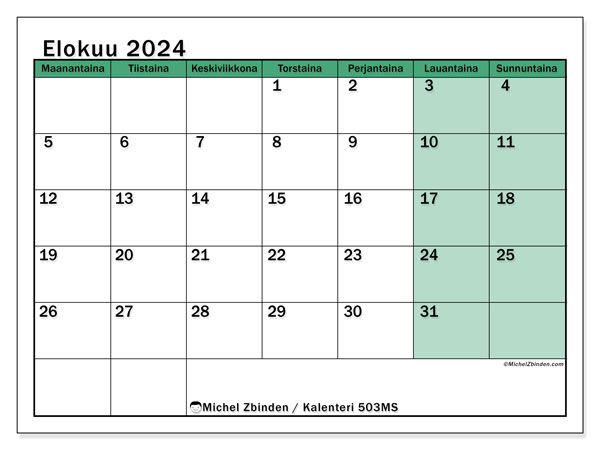 Kalenteri elokuu 2024, 503MS. Ilmainen tulostettava kartta.