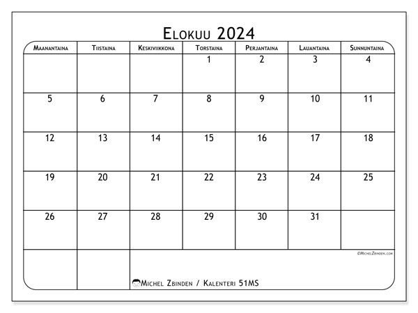Kalenteri elokuu 2024, 51SL. Ilmainen tulostettava kartta.