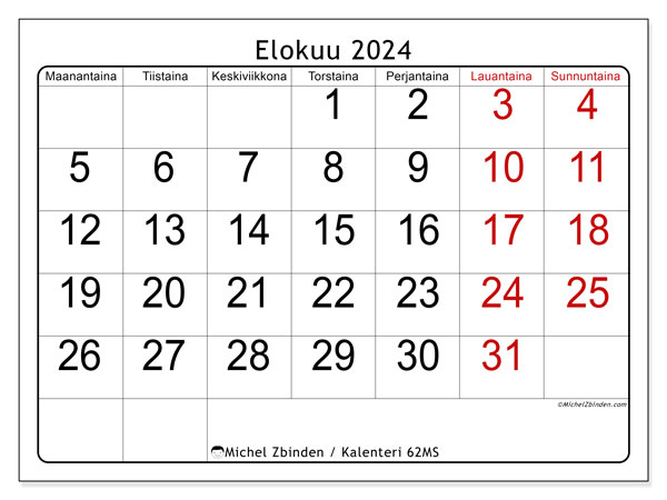 Kalenteri elokuu 2024, 62MS. Ilmainen tulostettava kartta.