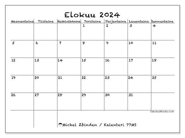Kalenteri elokuu 2024, 77MS. Ilmainen tulostettava kartta.